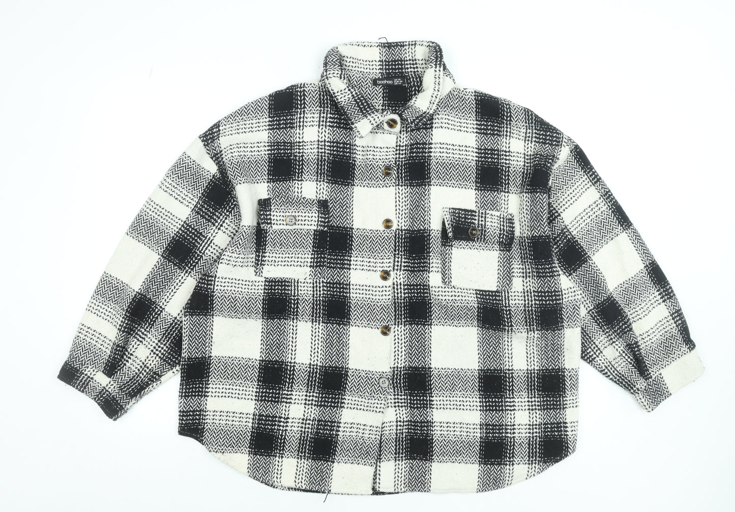Boohoo Women Black Checked Flannel Button-Up Shirt Size 18
