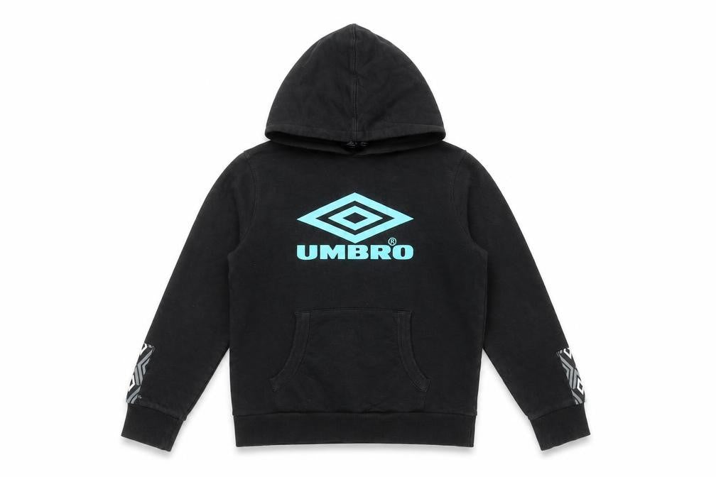 Front view of Umbro boys’ black hoodie 11-12 years cotton pullover graphic print