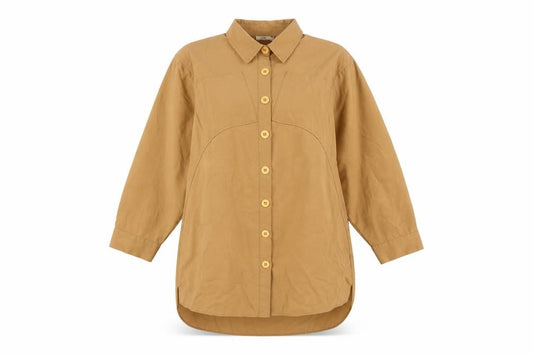 Front view of Riva Women Brown Button-Up Relaxed Cotton Blend Shirt XS