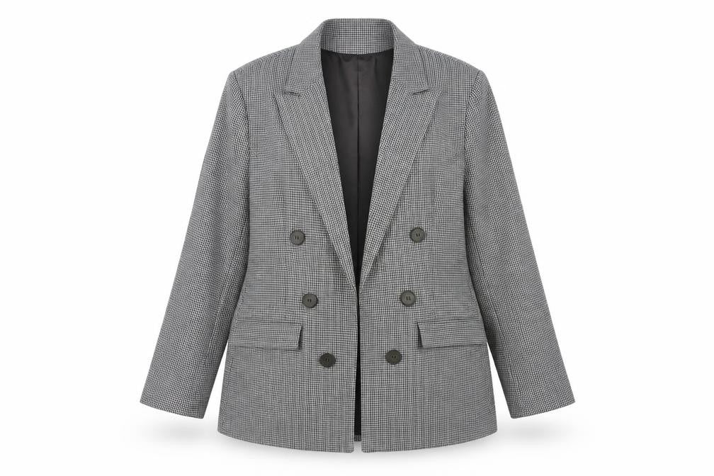 Front view of Primark Women Grey Check Blazer, size 16, Classic Business Jacket