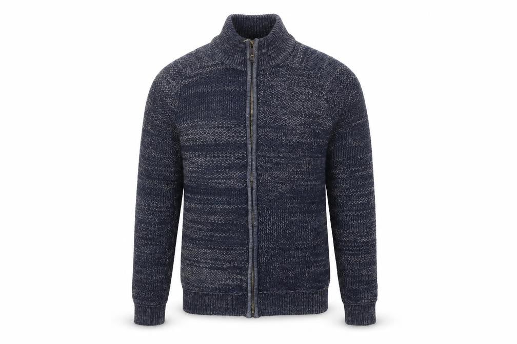 Front view of Mantaray Men’s Blue Cotton Full Zip Chunky Knit Jumper, size S