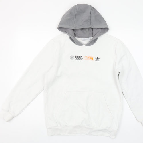 Adidas Boys White & Grey Pullover Hoodie 13-14Y Logo Print Cotton Blend