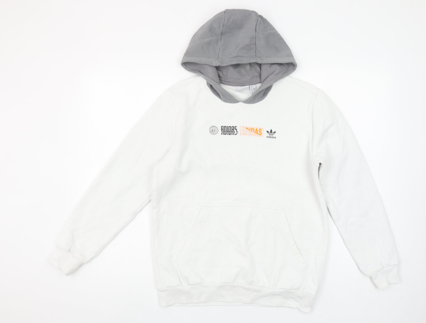 Adidas Boys White & Grey Pullover Hoodie 13-14Y Logo Print Cotton Blend