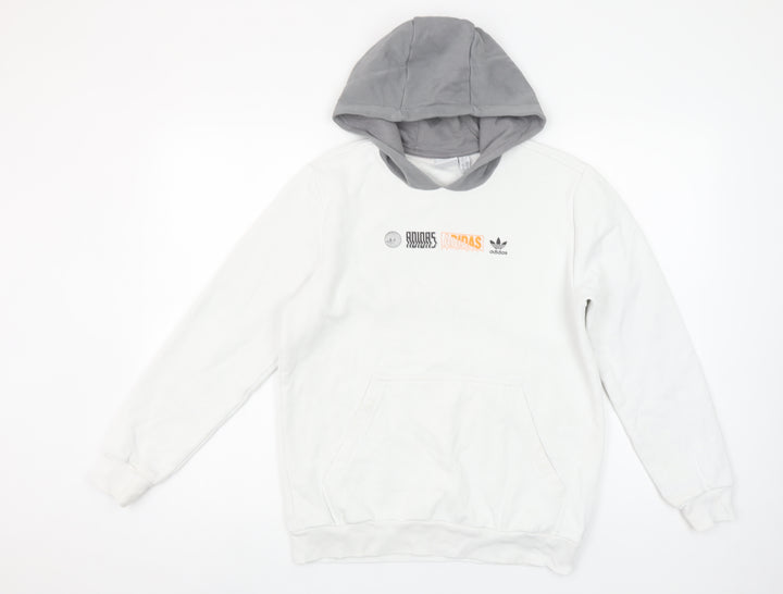 Adidas Boys White & Grey Pullover Hoodie 13-14Y Logo Print Cotton Blend
