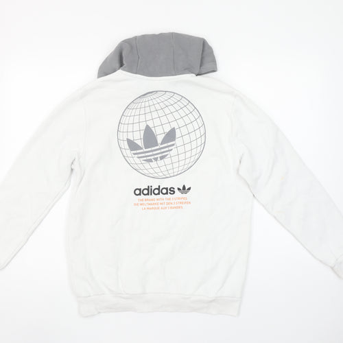 Adidas Boys White & Grey Pullover Hoodie 13-14Y Logo Print Cotton Blend