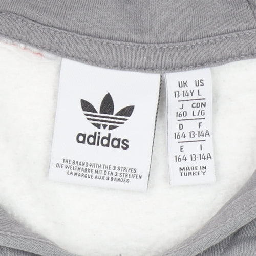 Adidas Boys White & Grey Pullover Hoodie 13-14Y Logo Print Cotton Blend