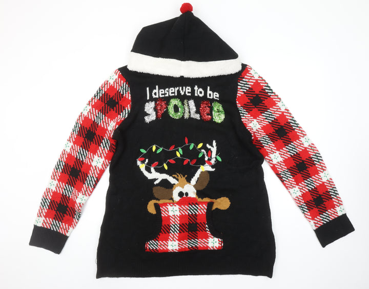No Boundaries Womens Black 3XL Hooded Christmas Jumper with Reindeer Design