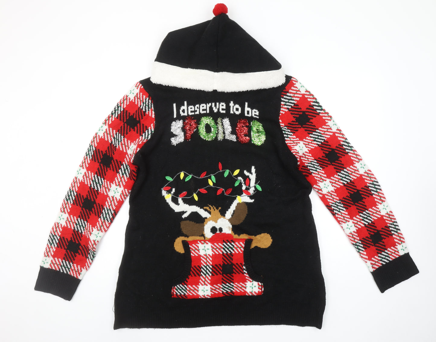 No Boundaries Womens Black 3XL Hooded Christmas Jumper with Reindeer Design