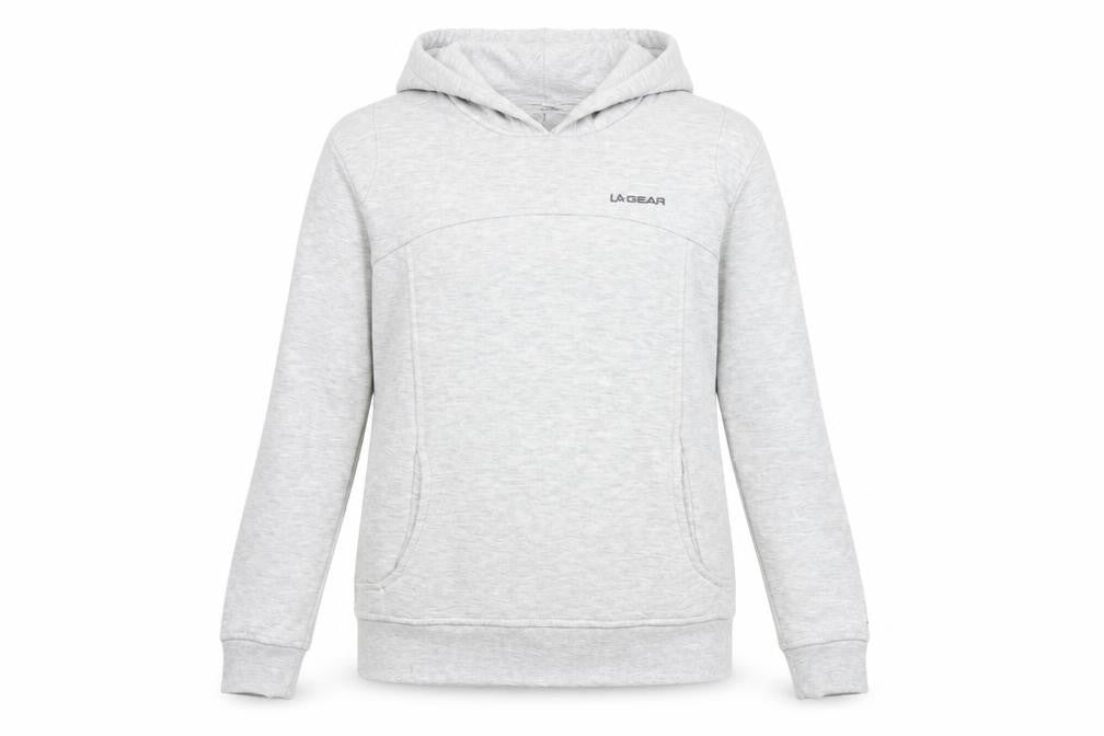Front view of LA Gear women’s grey pullover hoodie, size UK 6, classic fit