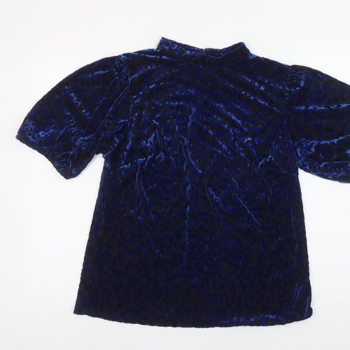 Monsoon Women’s Blue Velvet Animal Print High Neck Blouse Size L