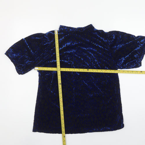 Monsoon Women’s Blue Velvet Animal Print High Neck Blouse Size L