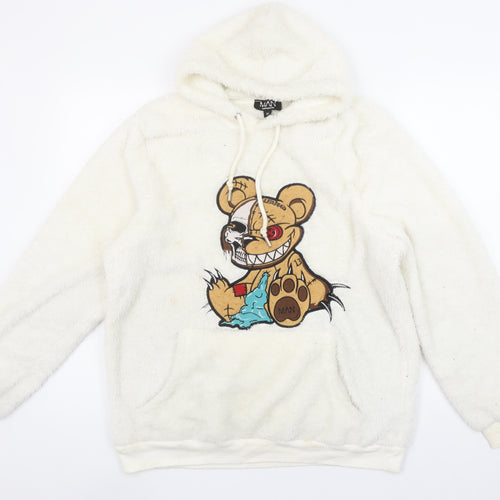 boohooMAN Men's White Fleece Pullover Hoodie M Cartoon Graphic
