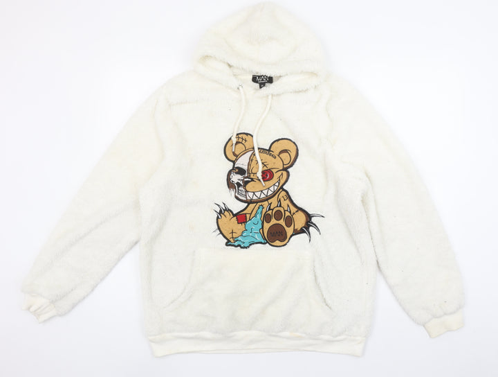 boohooMAN Men's White Fleece Pullover Hoodie M Cartoon Graphic