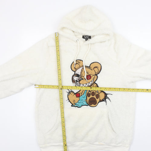 boohooMAN Men's White Fleece Pullover Hoodie M Cartoon Graphic