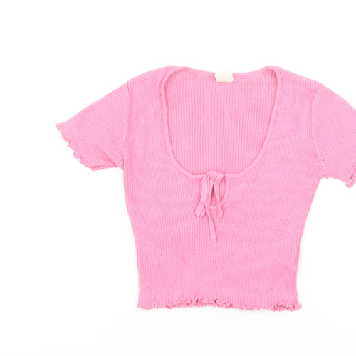 Urban Outfitters Women's Pink XS Cropped Knit Tie Front Top