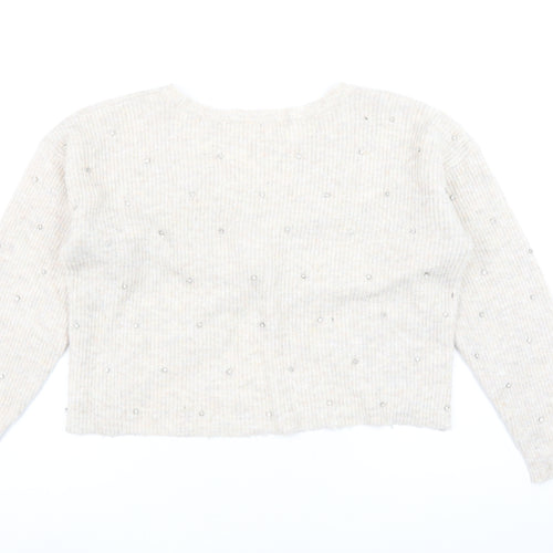 Oasis Womens Beige Beaded V-Neck Twist Front Cardigan L