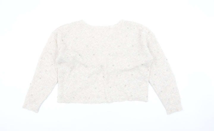 Oasis Womens Beige Beaded V-Neck Twist Front Cardigan L