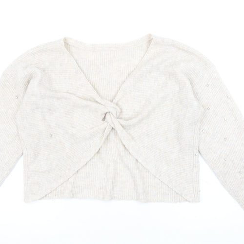 Oasis Womens Beige Beaded V-Neck Twist Front Cardigan L