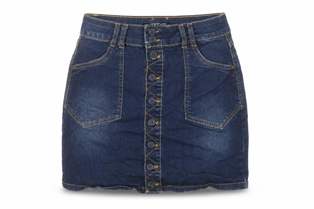 Front view of Zara Women Blue Denim Button Front Short Skirt, size 6