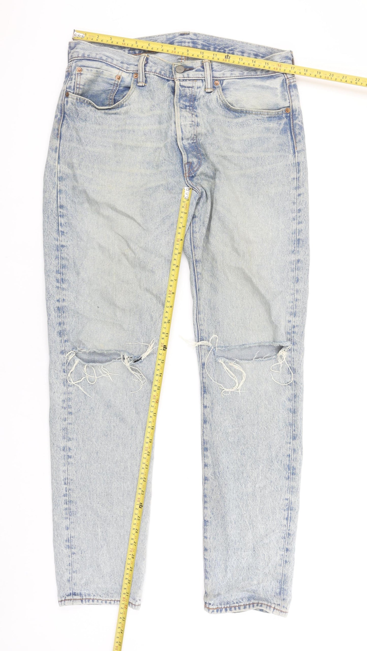 Levi's 501 CT Men's Light Blue Distressed Straight Denim Jeans W33 L34