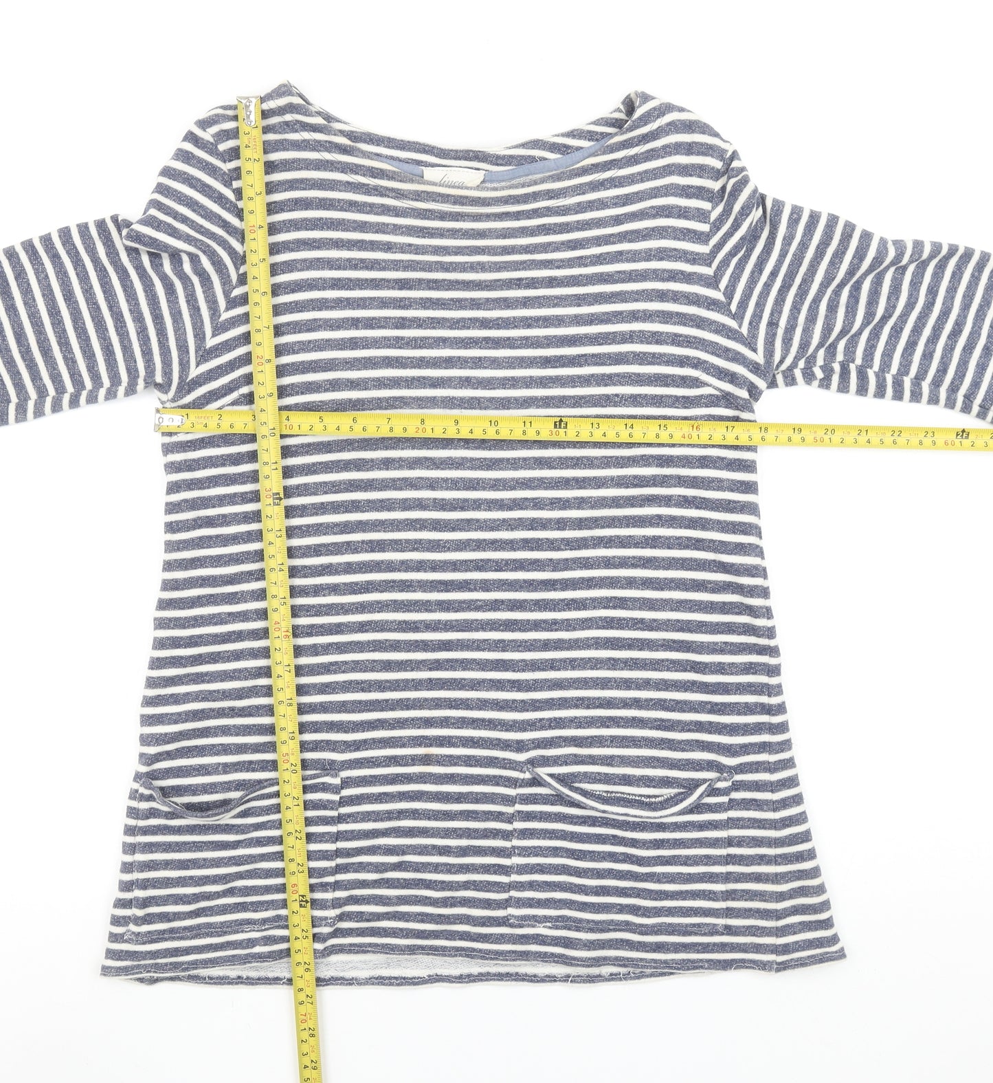 Linea Weekend Women’s Blue Striped Tunic Top M 3/4 Sleeve Boat Neck
