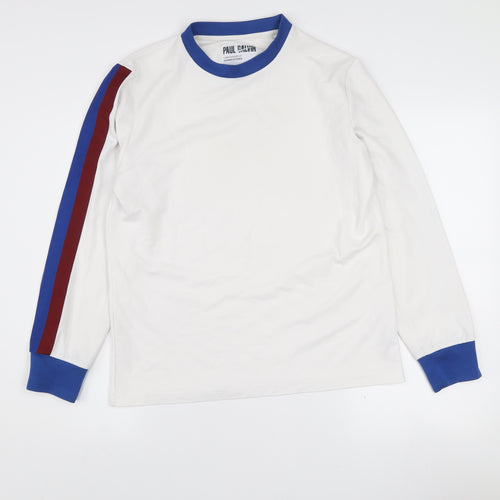 Paul Galvin Men’s White Long Sleeve Retro Colourblock Cotton T-Shirt Size M