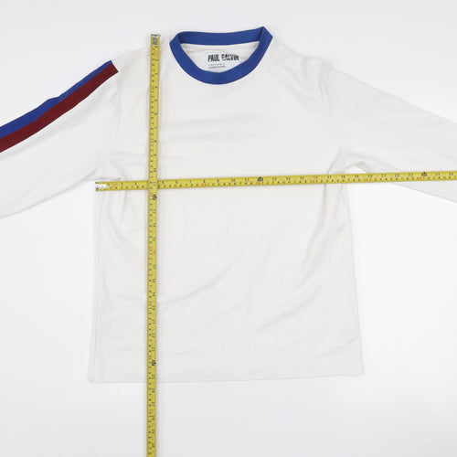 Paul Galvin Men’s White Long Sleeve Retro Colourblock Cotton T-Shirt Size M