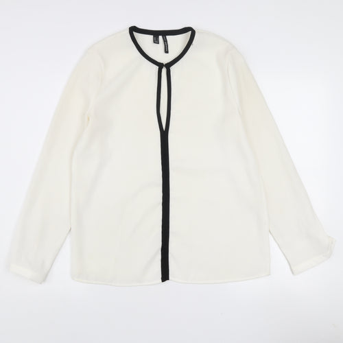 Mango Women’s White Long Sleeve Contrast Trim Blouse Size 12