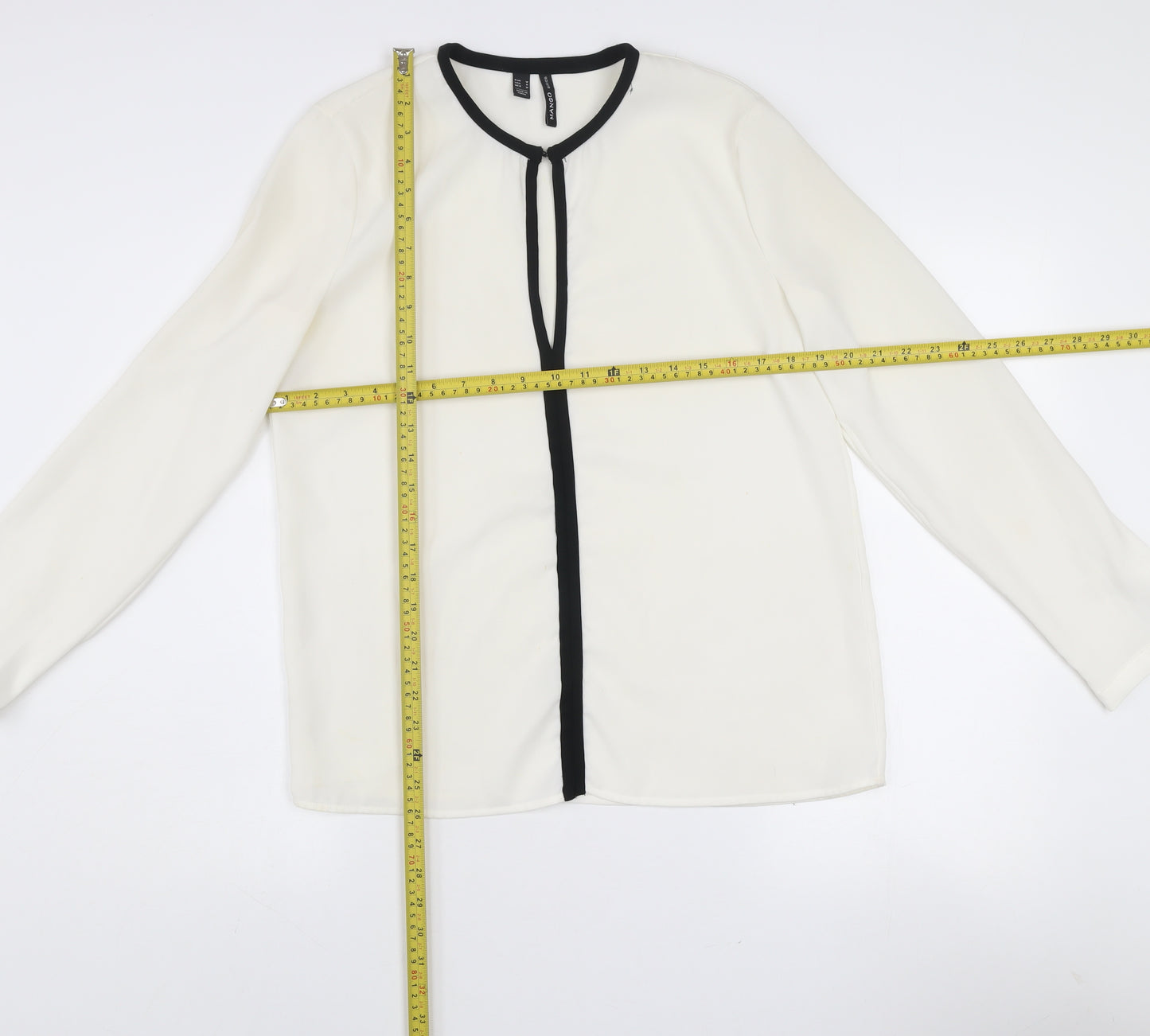 Mango Women’s White Long Sleeve Contrast Trim Blouse Size 12