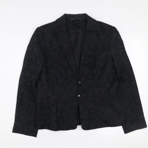 Laura Ashley Women's Black Jacquard Wool Silk Two-Button Blazer UK 14