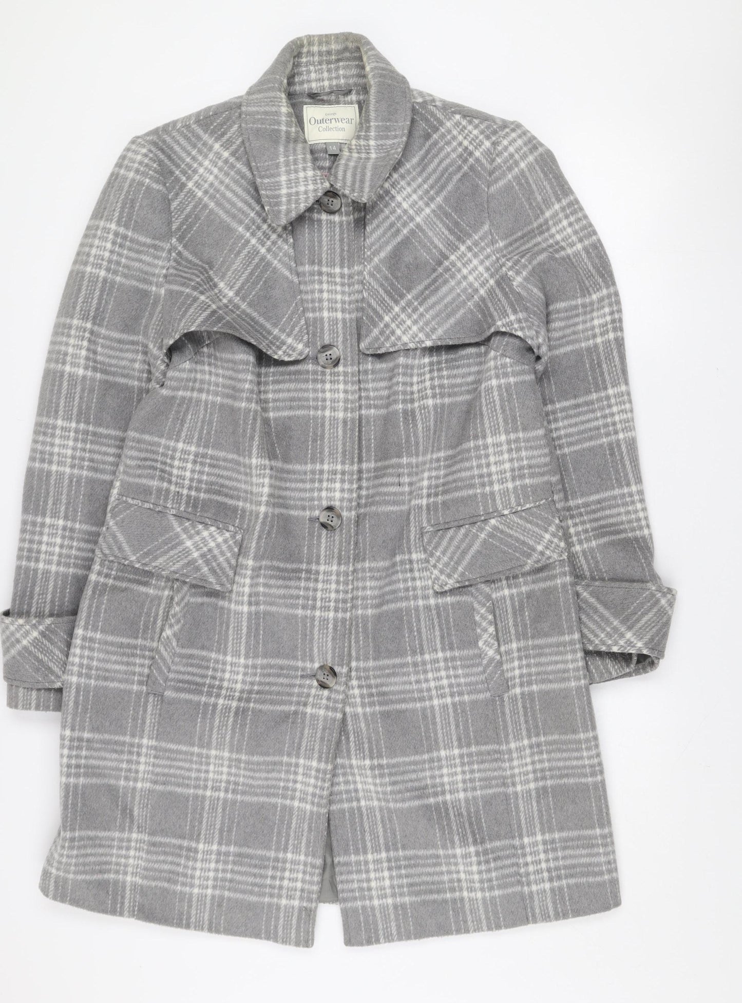 George Women Grey Check Wool Blend Mid-Length Coat Size 14
