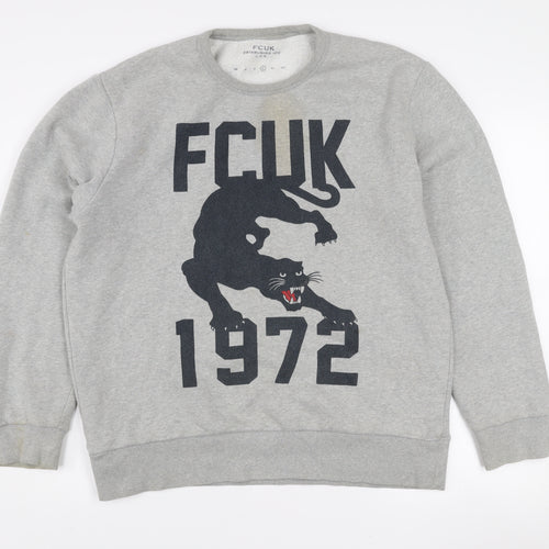 FCUK Mens Grey Graphic Panther Sweatshirt L Pullover Crew Neck