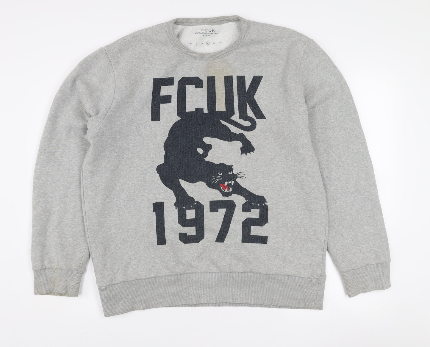 FCUK Mens Grey Graphic Panther Sweatshirt L Pullover Crew Neck