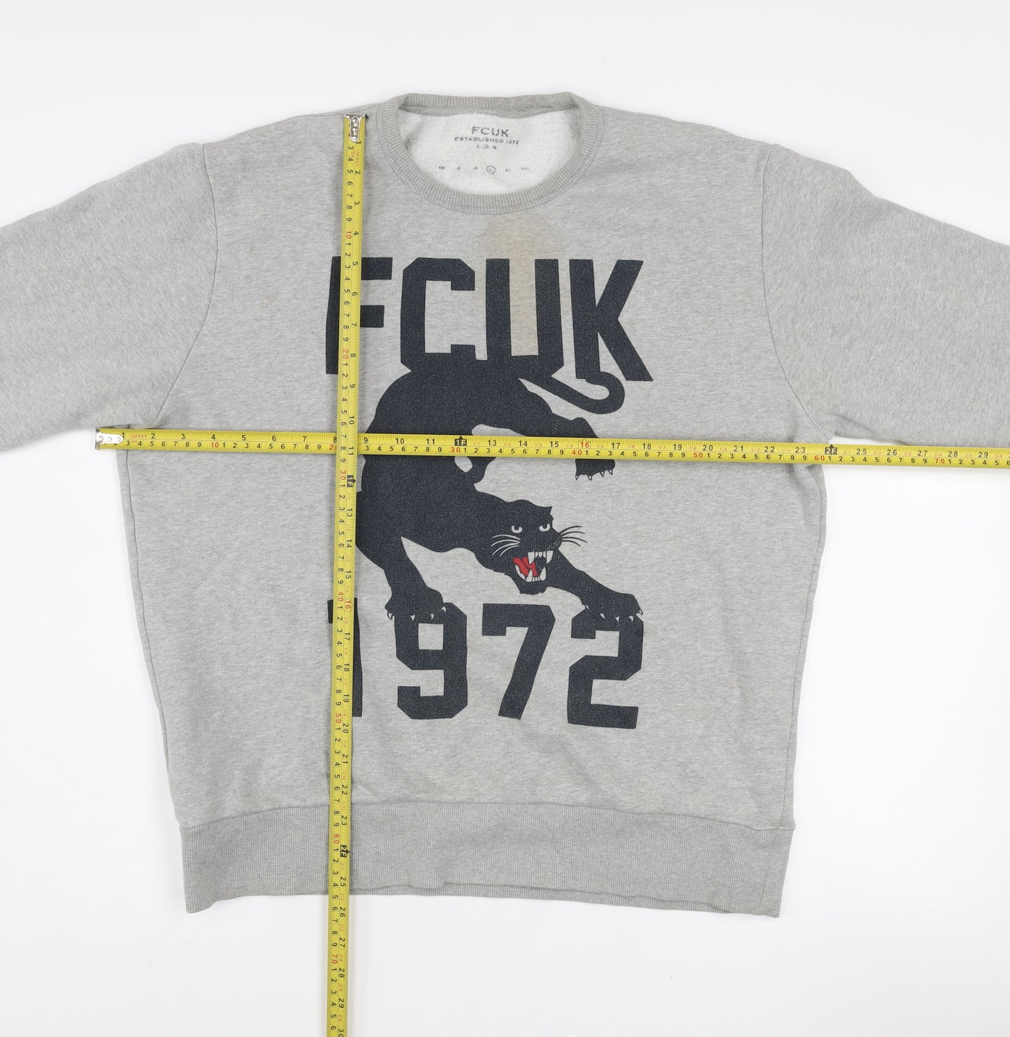 FCUK Mens Grey Graphic Panther Sweatshirt L Pullover Crew Neck