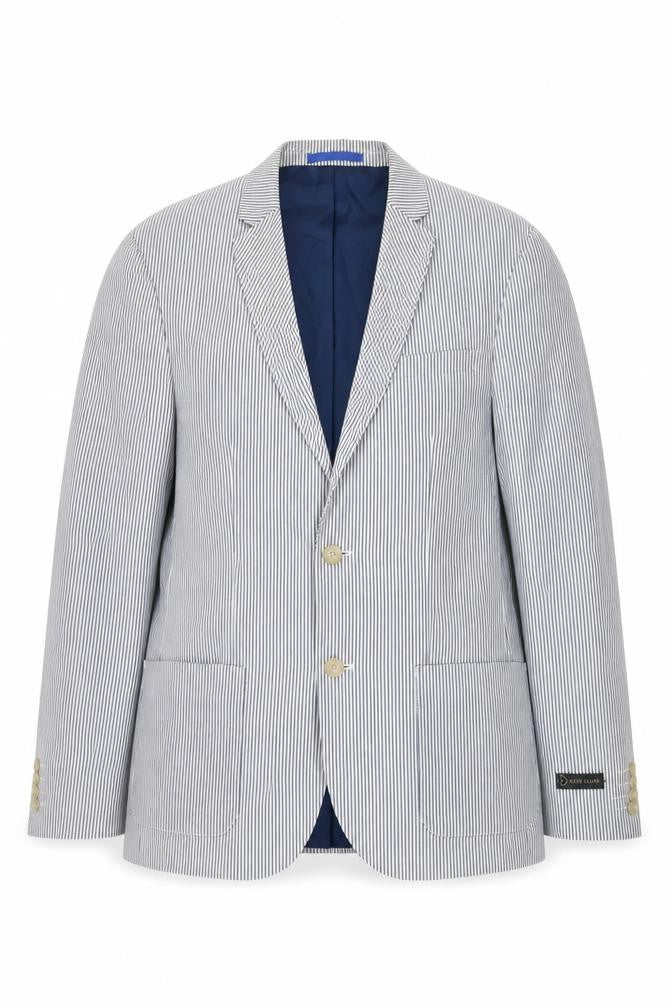 Front view of River Island Women Blue Striped Cotton Blazer Jacket UK 40 Two-Button