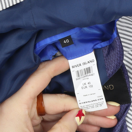 River Island Women Blue Striped Cotton Blazer Jacket UK 40 Two-Button