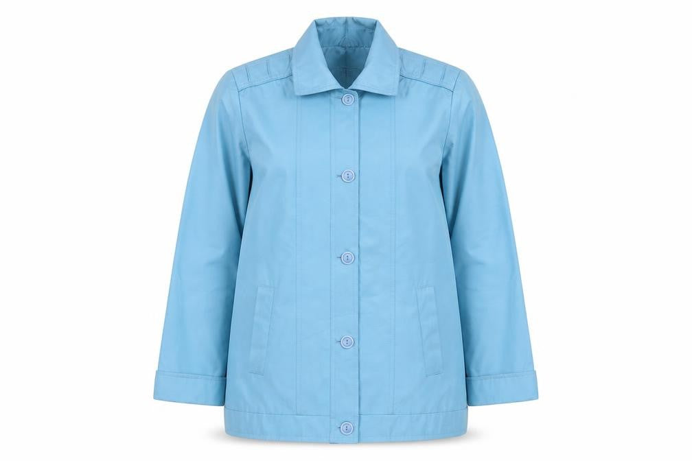 Front view of Fapness Women's Blue Mid-Length Rain Coat, size 10, Lined Button Waterproof