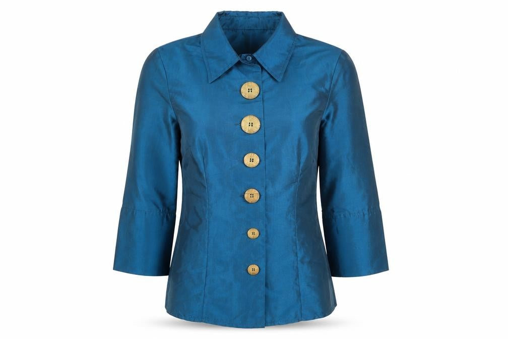 Jayro Womens Blue Collared 3/4 Sleeve Button Blouse Top