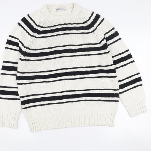 ZARA Womens White Black Striped Cotton Knit Jumper Size S