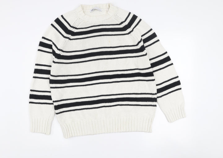 ZARA Womens White Black Striped Cotton Knit Jumper Size S