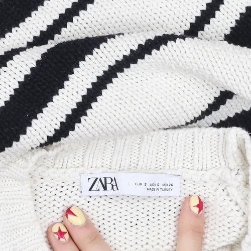 ZARA Womens White Black Striped Cotton Knit Jumper Size S
