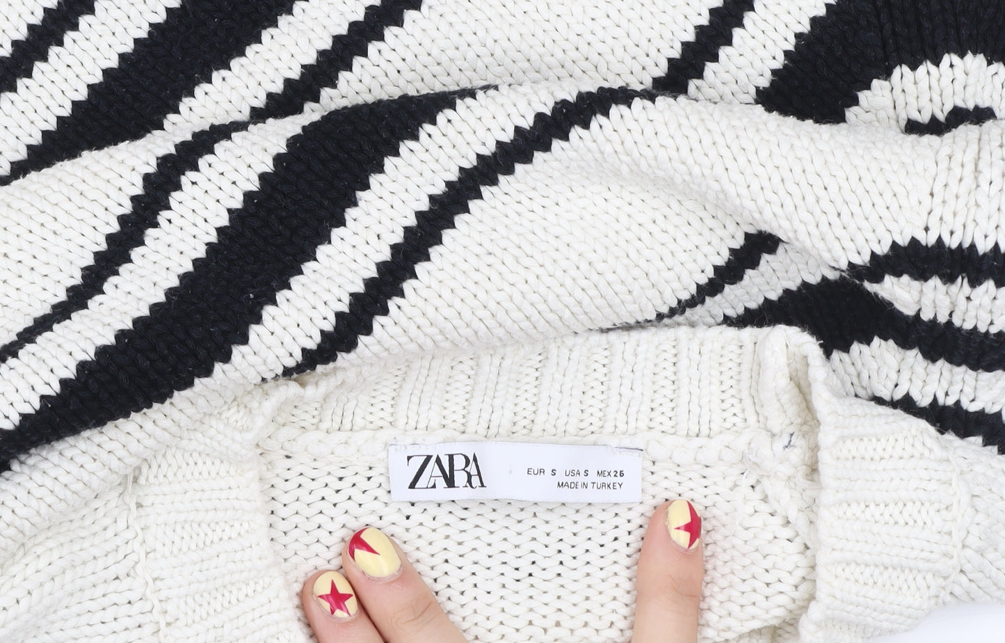 ZARA Womens White Black Striped Cotton Knit Jumper Size S