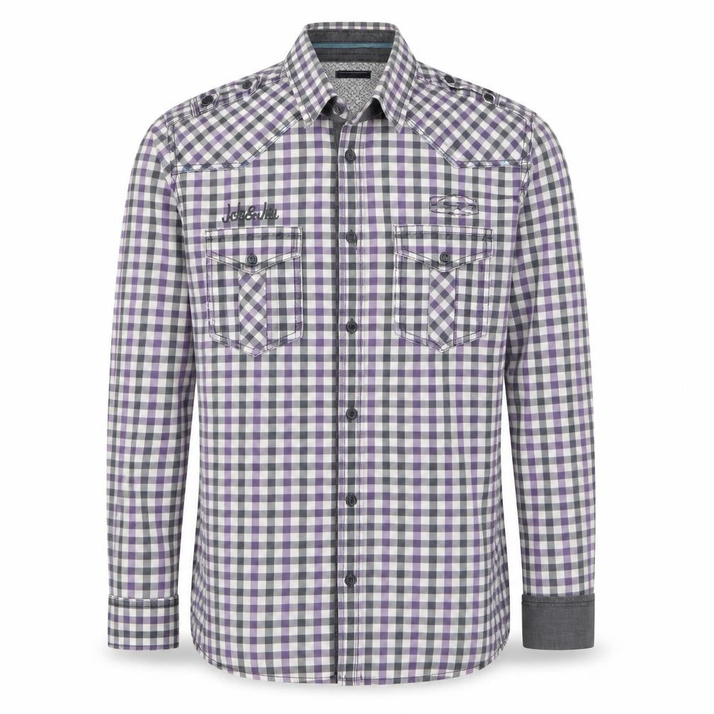 Front view of Jack & Jones Men’s Purple Check Long Sleeve Button-Up Shirt, size L