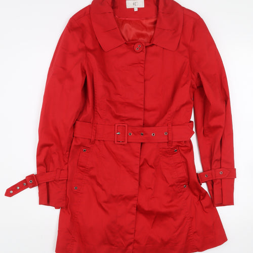 CC Women's Red Cotton Trench Coat Size 12 Belted Classic Mid-Length
