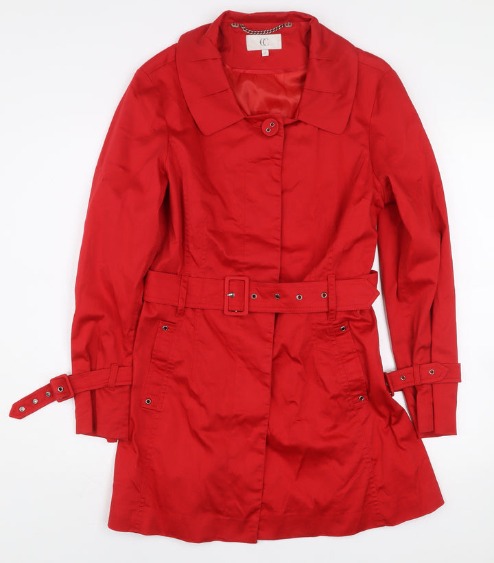 CC Women's Red Cotton Trench Coat Size 12 Belted Classic Mid-Length