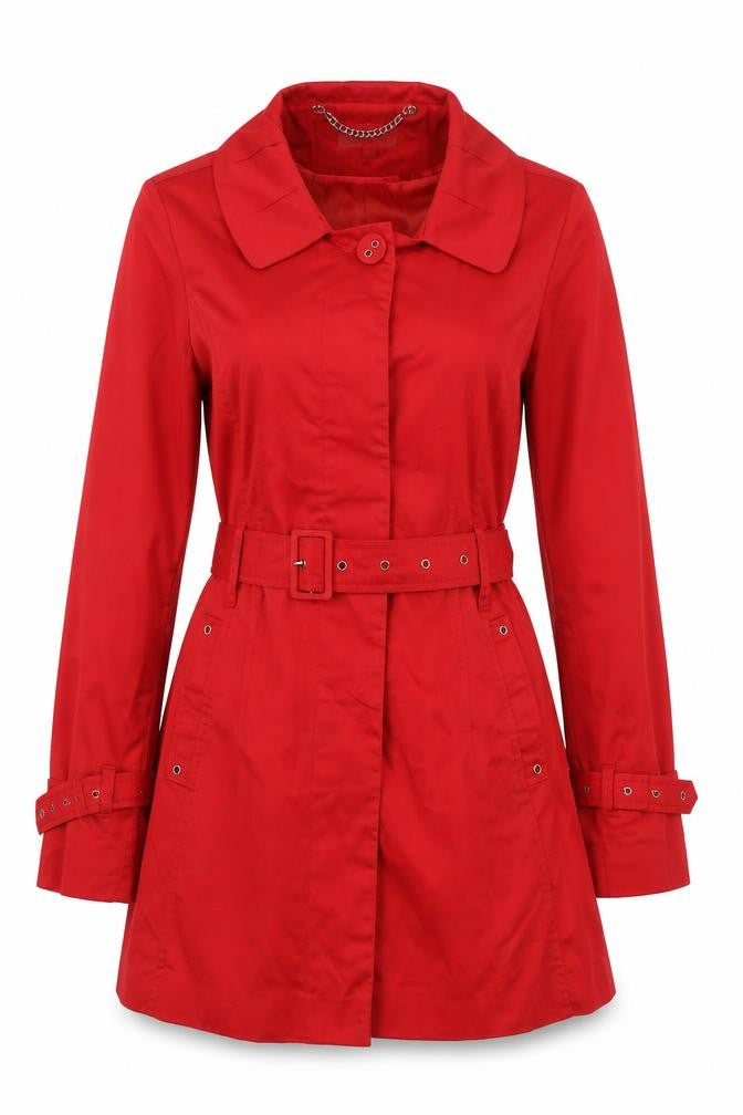 Front view of Country Casuals Women's Red Cotton Trench Coat, size 12, Belted Classic Mid-Length