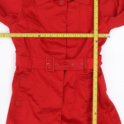 CC Women's Red Cotton Trench Coat Size 12 Belted Classic Mid-Length