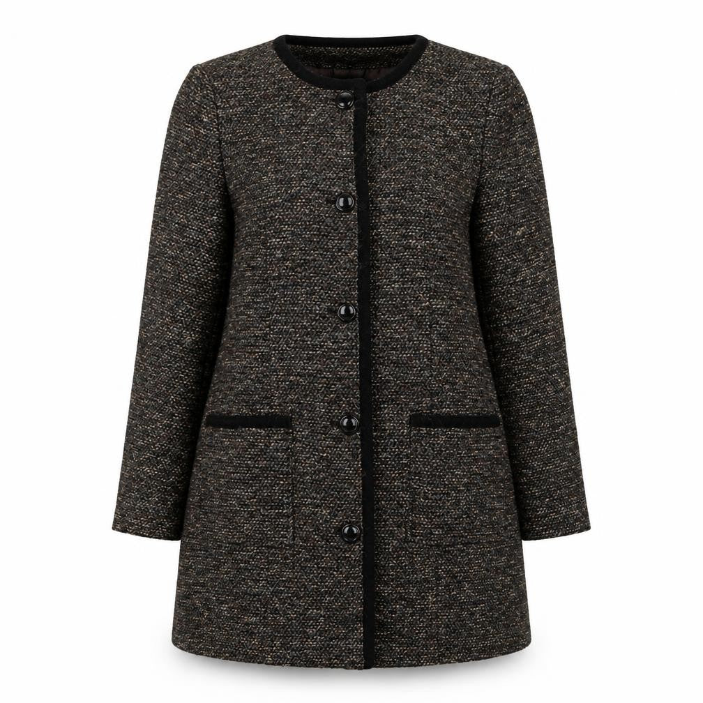 Front view of Classics Women’s Brown Wool Blend Tweed Mid-Length Coat, size UK 14