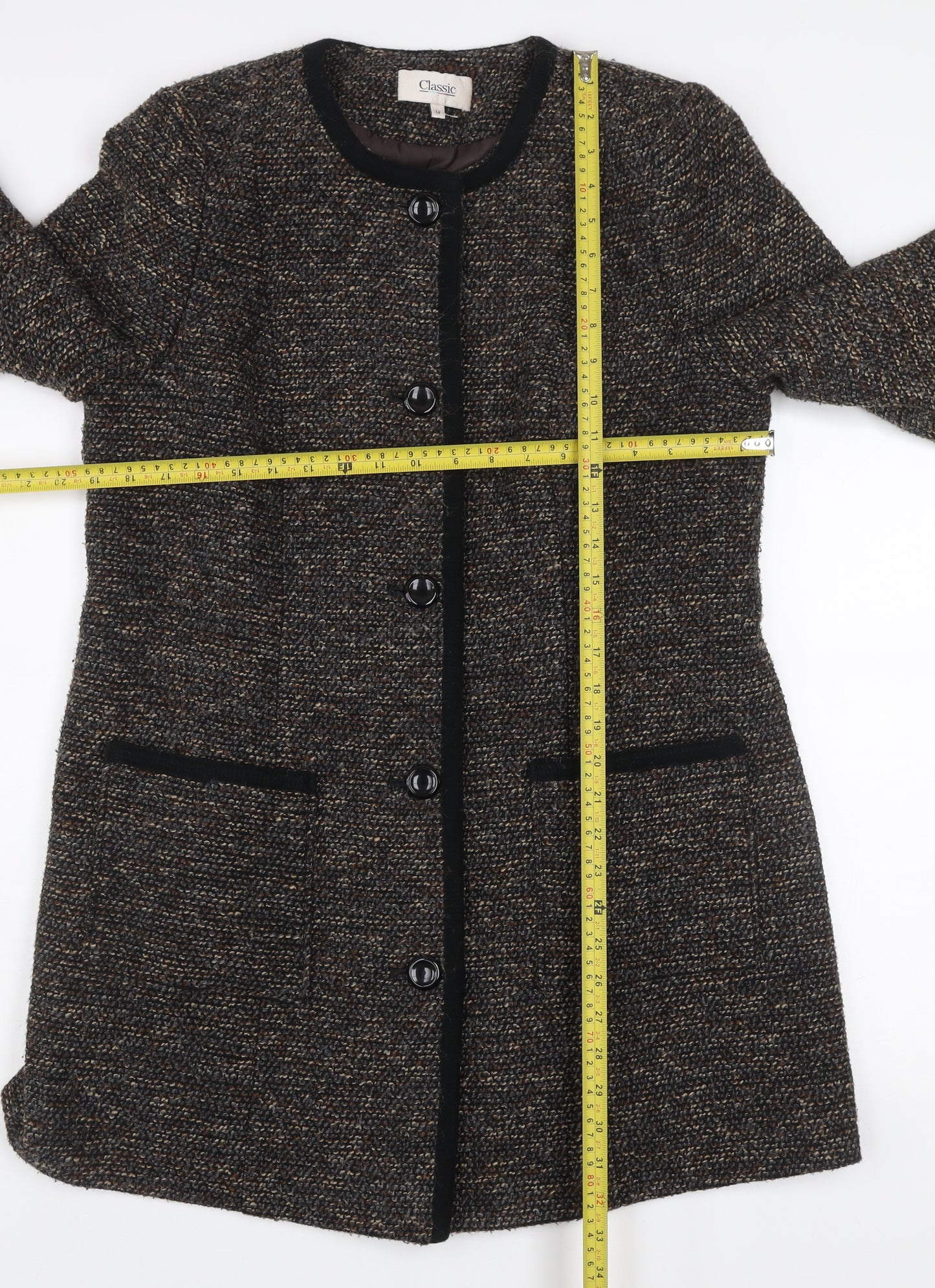 Classic Women’s Brown Wool Blend Tweed Mid-Length Coat Size 14