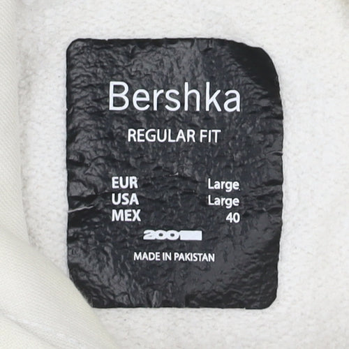 Bershka Men’s Beige Pullover Hoodie L Regular Fit Fleece Cotton Blend